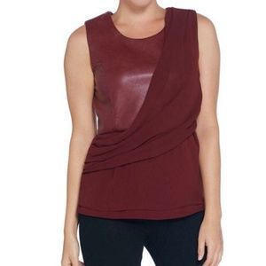 BROOKE SHIELDS Timeless Asymmetrical Faux Leather Drape Front Top Blouse